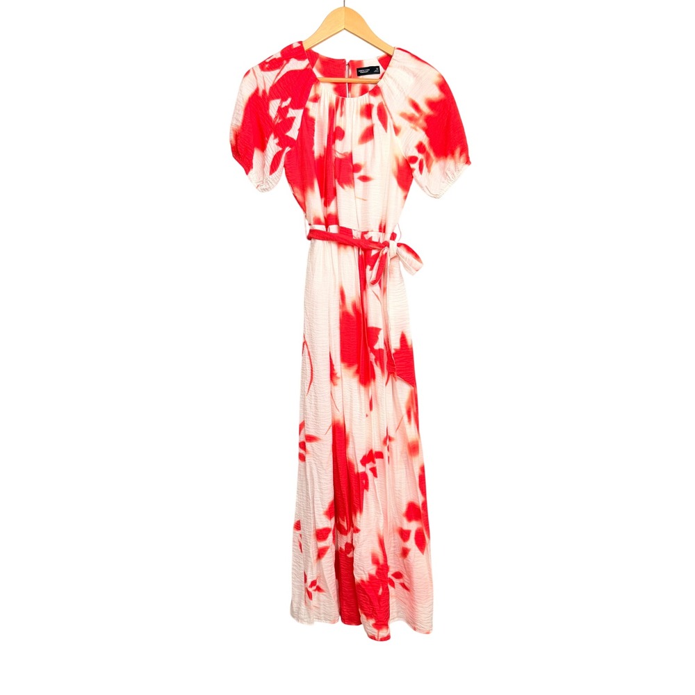 Simply Vera‎ Vera Wang Orange White Floral Tie Dye Crinkle Maxi Dress Belted XS